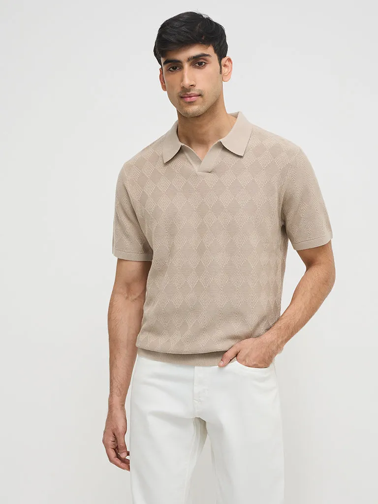 Ascot Taupe Self Relaxed-Fit Cotton Polo T-Shirt