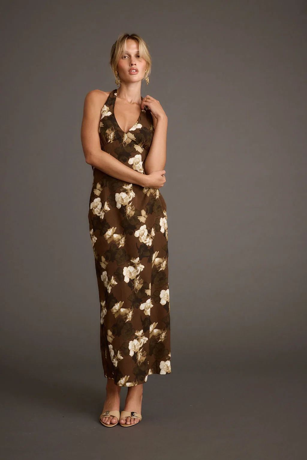 Audrina Brown Floral Halter Maxi Dress