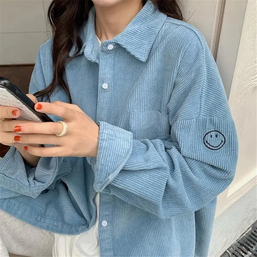 Autumn Loose Bf Women'S Fresh Simple Corduroy Shirt Smiley Embroidery Casual Solid Color Loose Blouses Tops Lady Clothes Coat