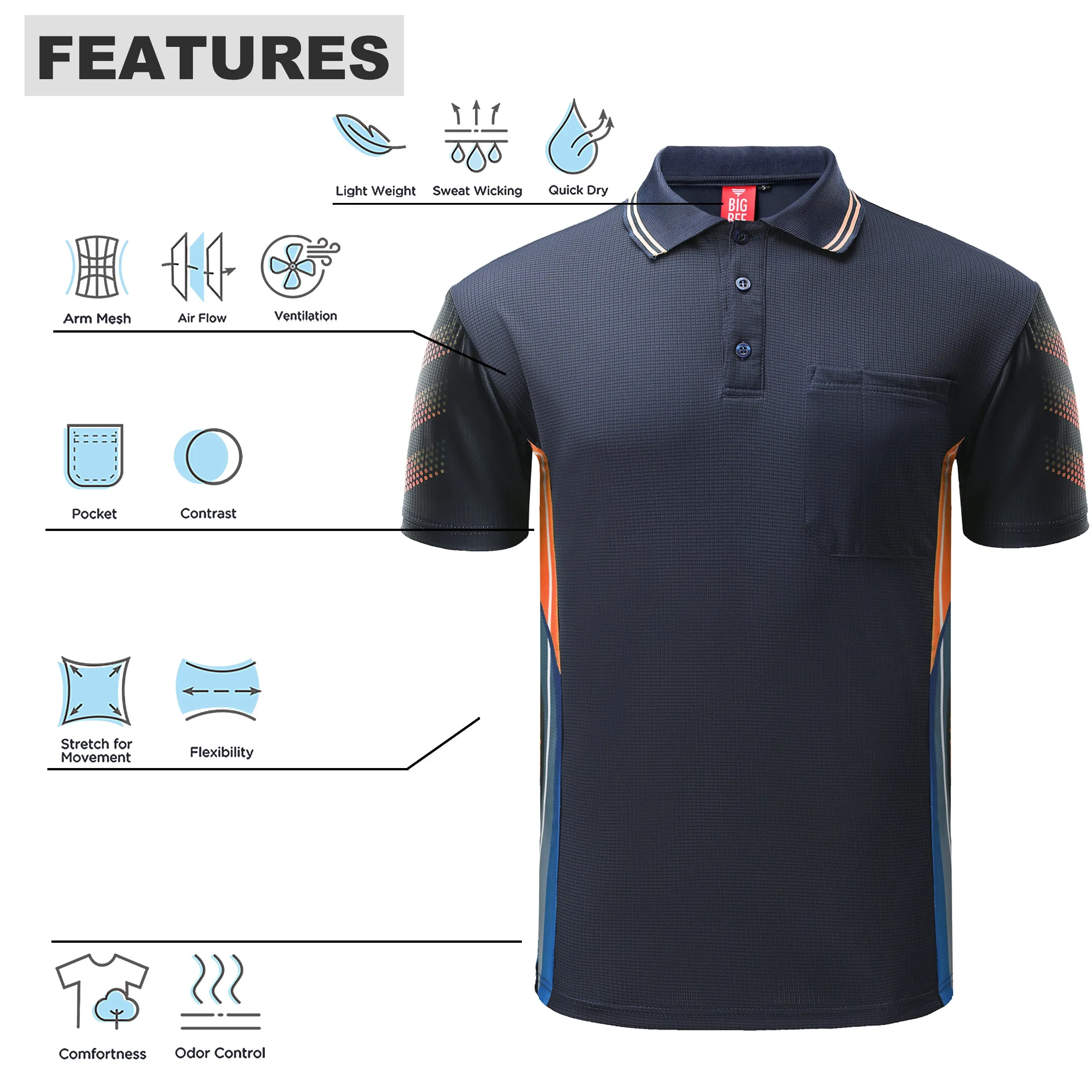 Big Bee Tech-Vent Mens Polo Shirts, Short Sleeve