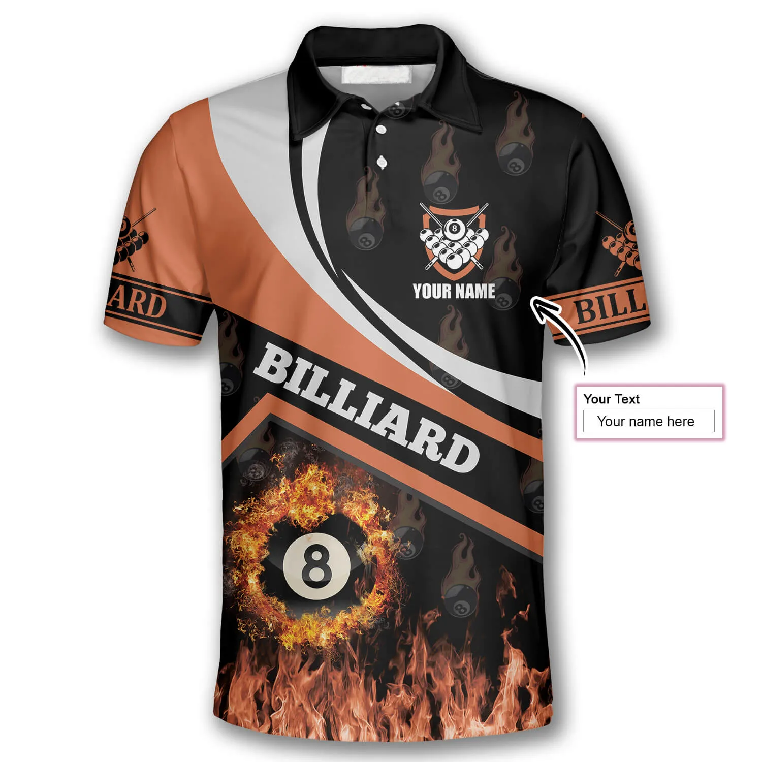 Billiard Fire Flame Orange Style Custom Billiard Shirts for Men, Custom Billiard Shirts for Team, Men's Billiard Polo Shirts