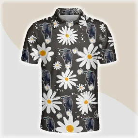 Black Angus Men Polo Shirts - Black Angus Daisy Flower Pattern Button Shirts For Men - Perfect Gift For Black Angus Lovers, Cattle Lovers