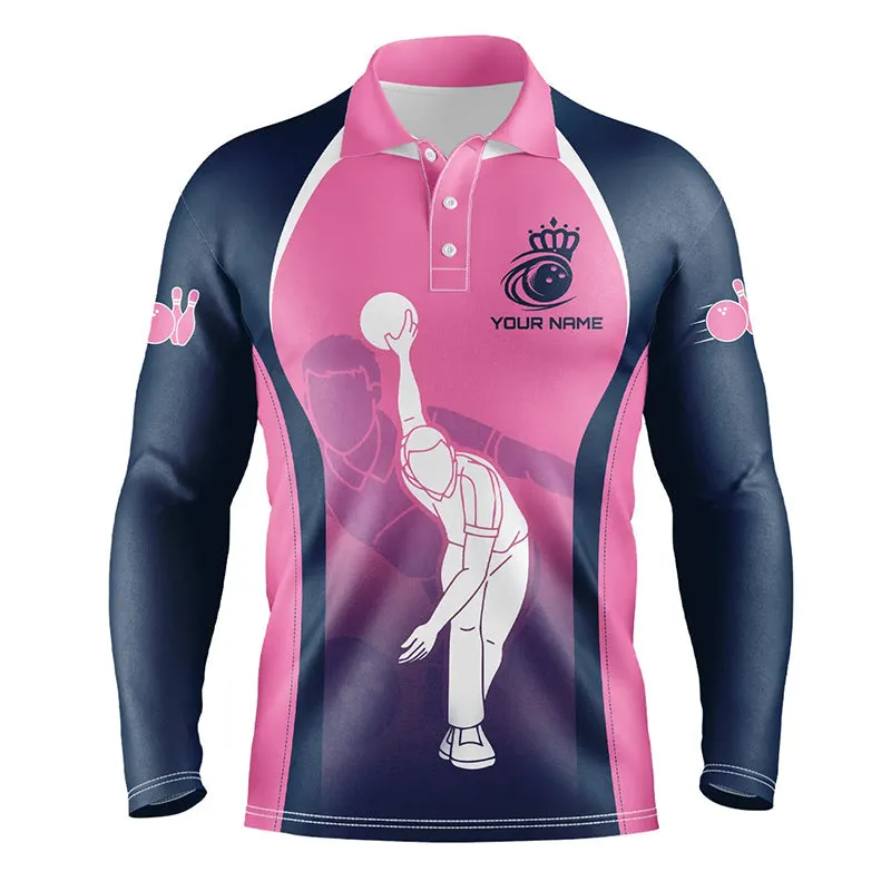 Blue And Pink Bowling Long Sleeve Polo Shirts For Men Custom Bowling Team Shirts, Personalized Bowling Jerseys