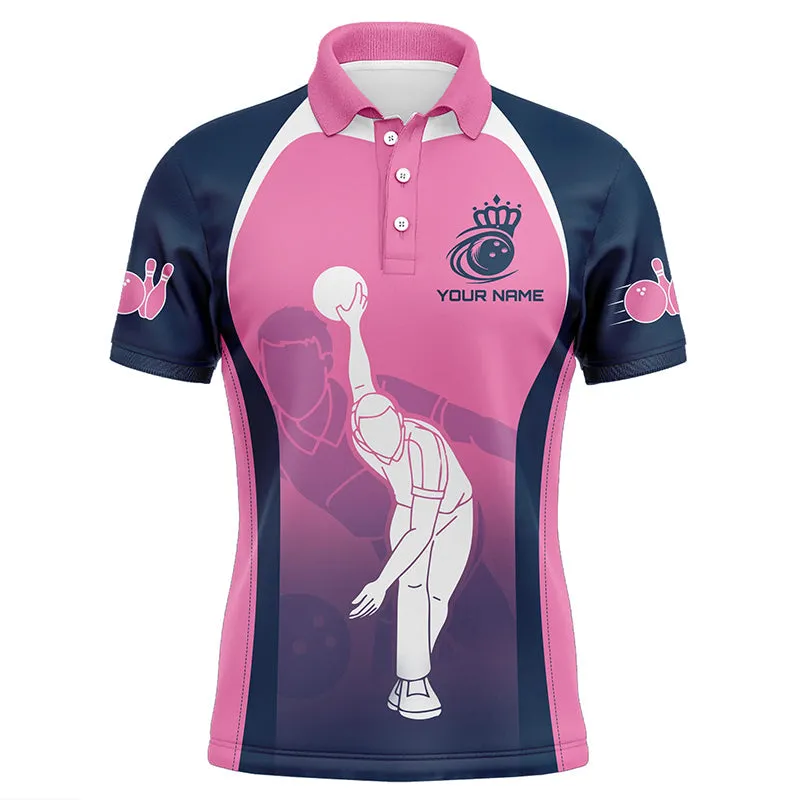 Blue And Pink Bowling Long Sleeve Polo Shirts For Men Custom Bowling Team Shirts, Personalized Bowling Jerseys