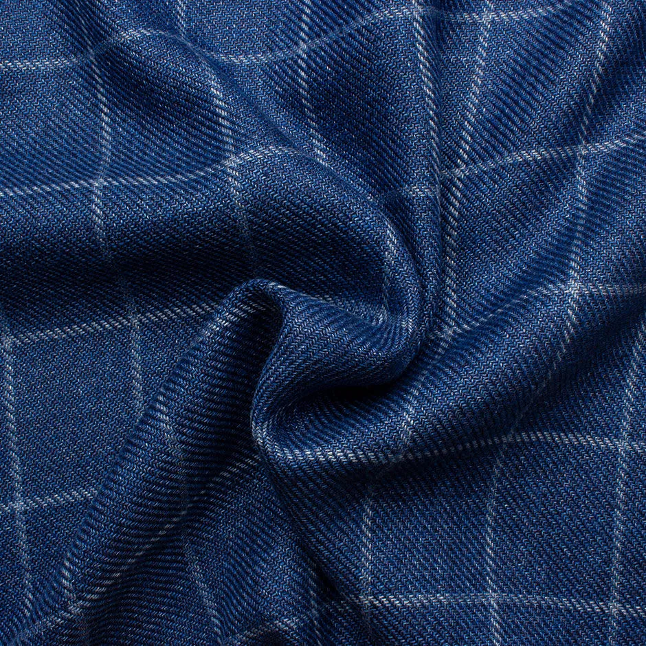 Blue Checkered Hemp & Wool Blend Suiting Fabric