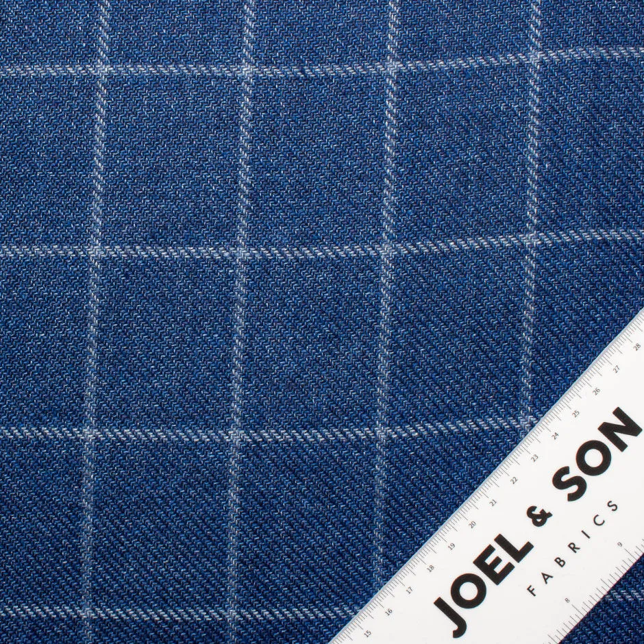 Blue Checkered Hemp & Wool Blend Suiting Fabric