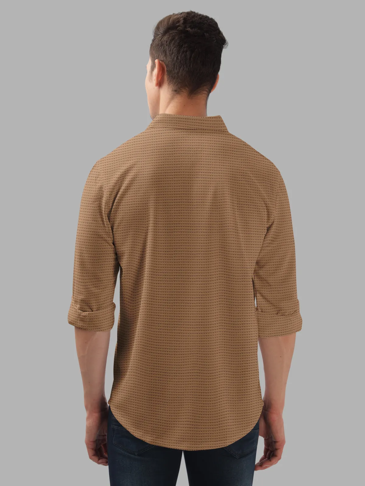 BULLMER Brown Trendy Regular Fit Textured Solid Fabric Causal Crochet Shirt For Men