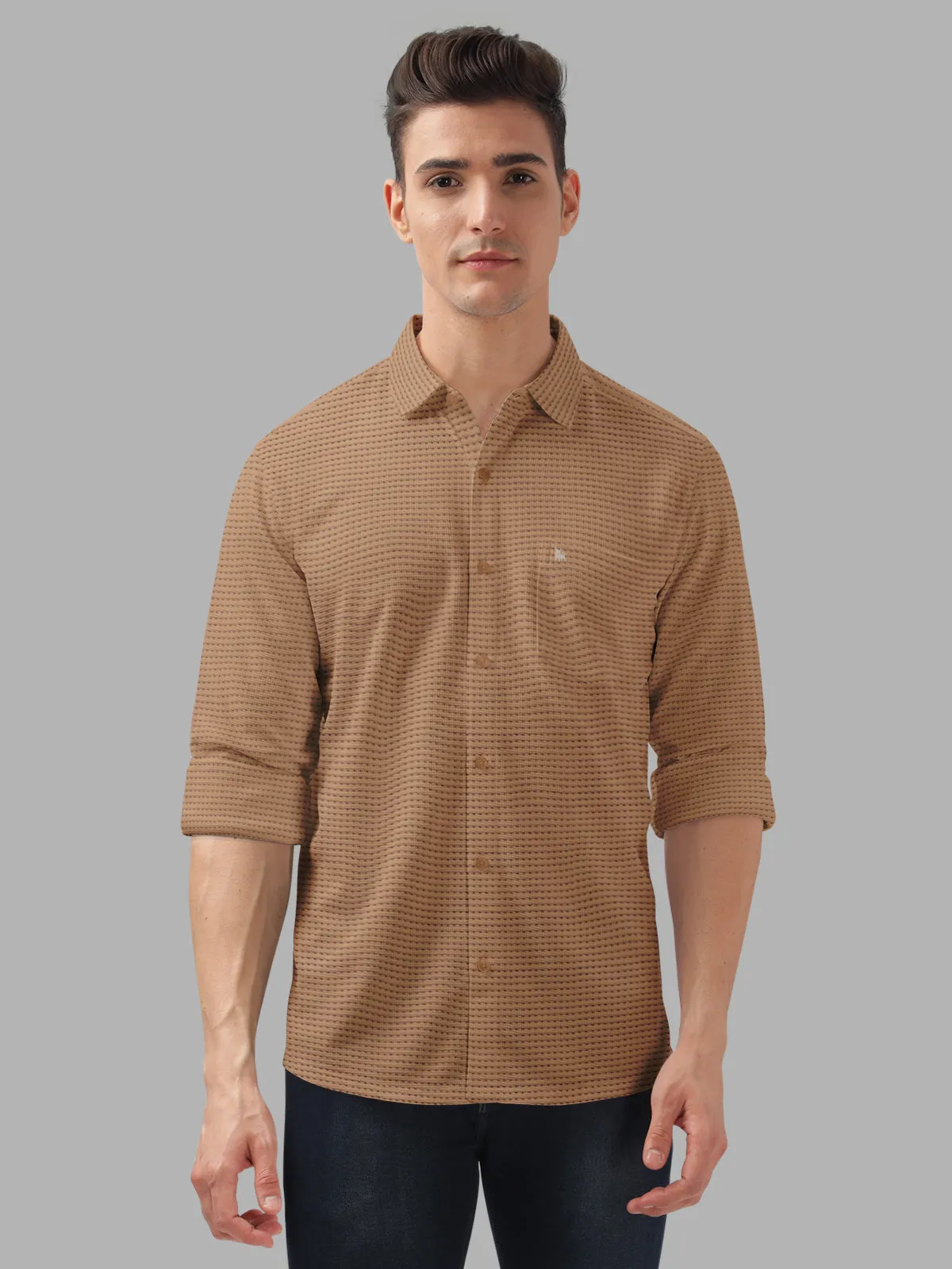 BULLMER Brown Trendy Regular Fit Textured Solid Fabric Causal Crochet Shirt For Men