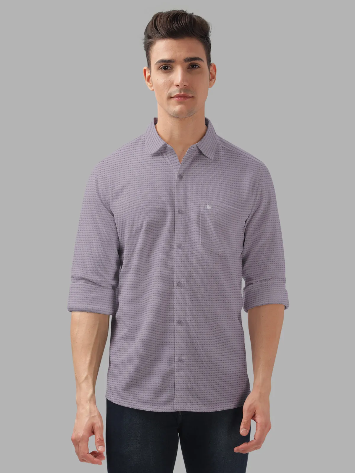 BULLMER Lavender Trendy Regular Fit Textured Solid Fabric Causal Crochet Shirt For Men