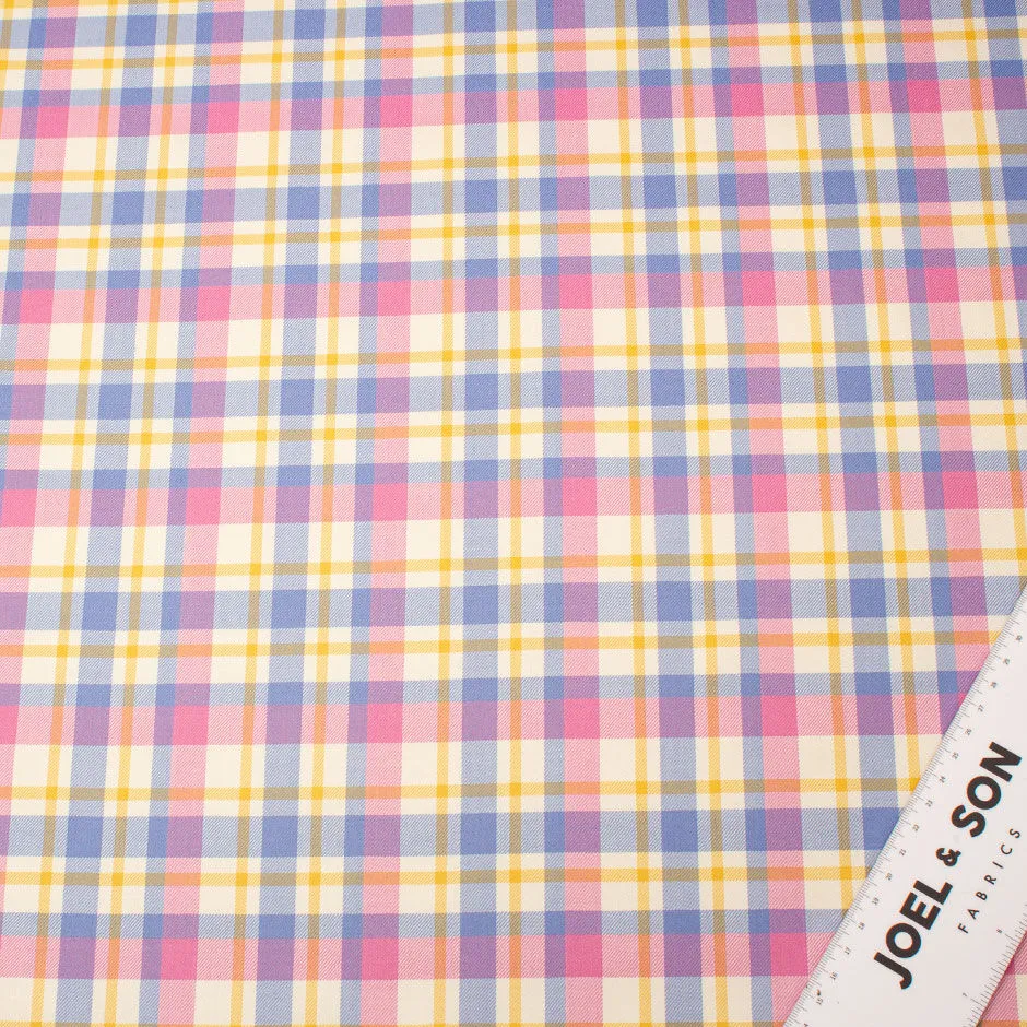 Candy Pink & Blue Wool & Silk Blend Tartan