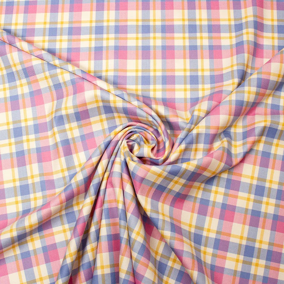 Candy Pink & Blue Wool & Silk Blend Tartan