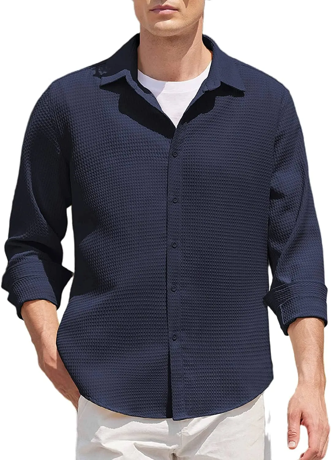 Casual Waffle Button Down Wrinkle Free Shirt (US Only)