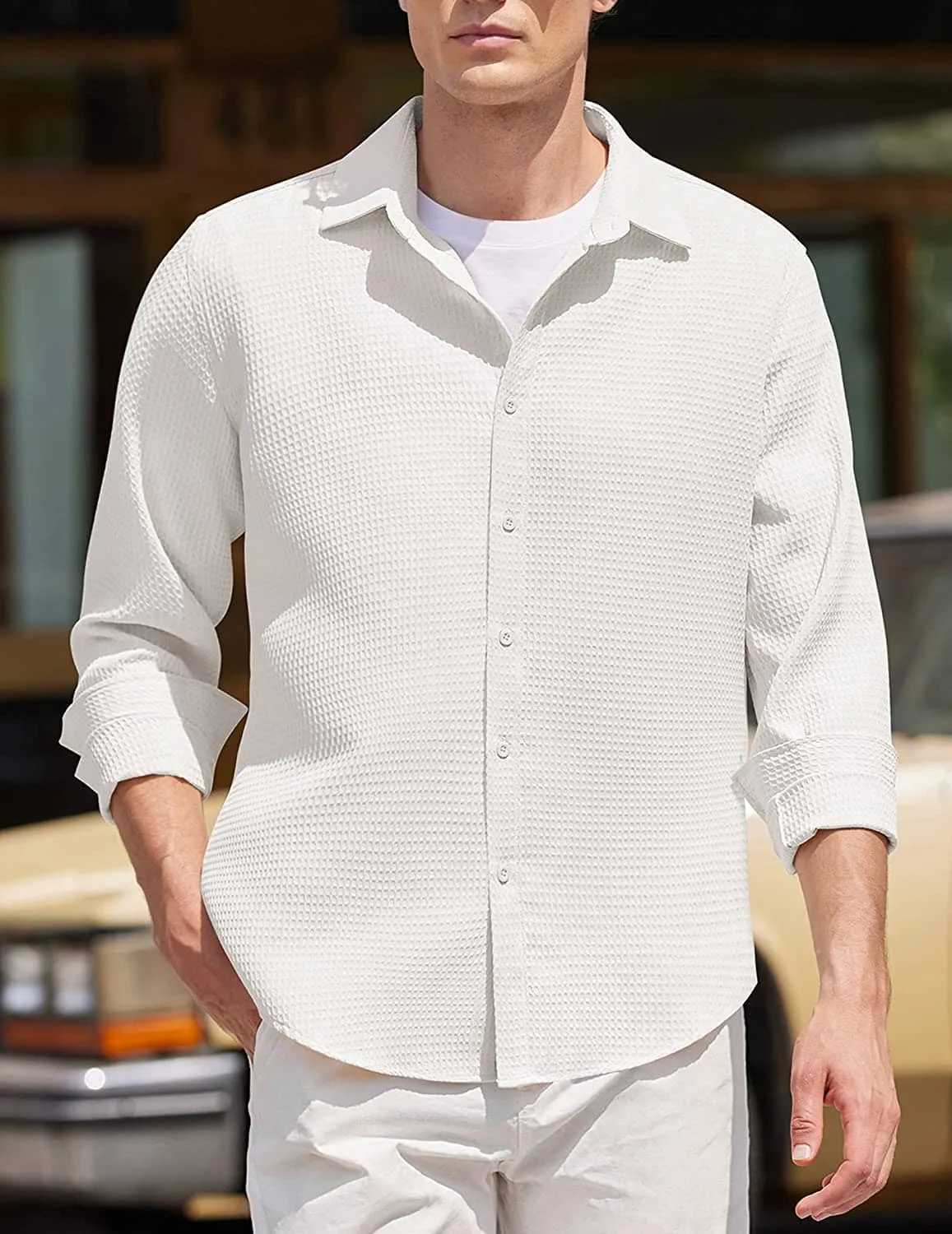 Casual Waffle Button Down Wrinkle Free Shirt (US Only)