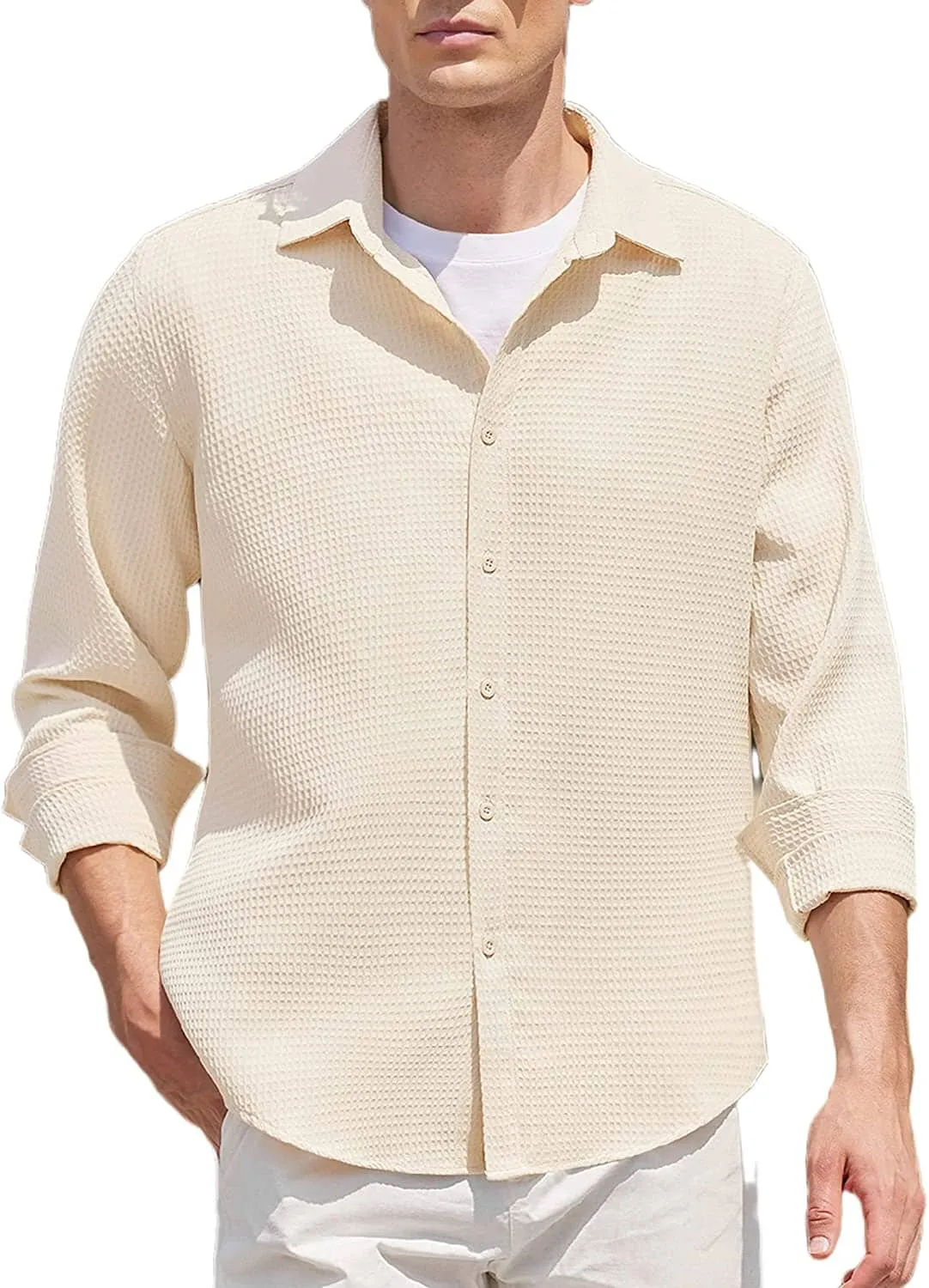 Casual Waffle Button Down Wrinkle Free Shirt (US Only)