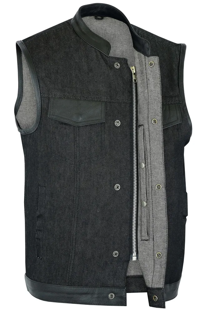 DM962 Men's Rough Rub-Off Raw Finish Denim Vest W/Leather Trim - Scoo