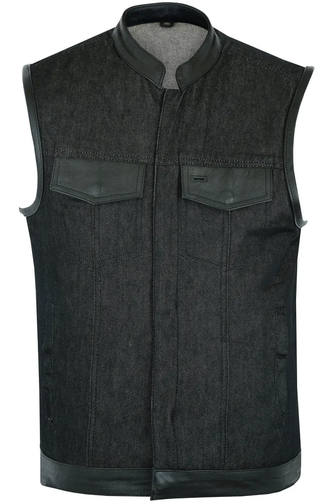 DM962 Men's Rough Rub-Off Raw Finish Denim Vest W/Leather Trim - Scoo