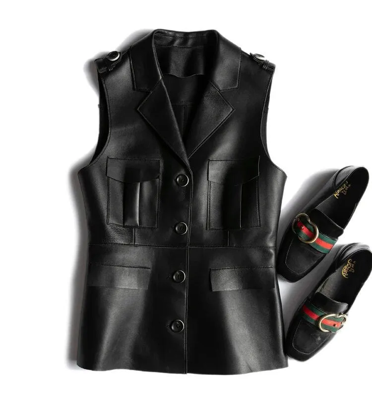 Fashion Genuine Leather Sheepskin Sleeveless Jacket Women Female Slim Suit Collar Pockets