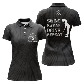 Funny Womens Golf Polos Shirts Custom Name Swing Swear Drink Repeat Black Pink Tie Dye Pattern Golf Shirts