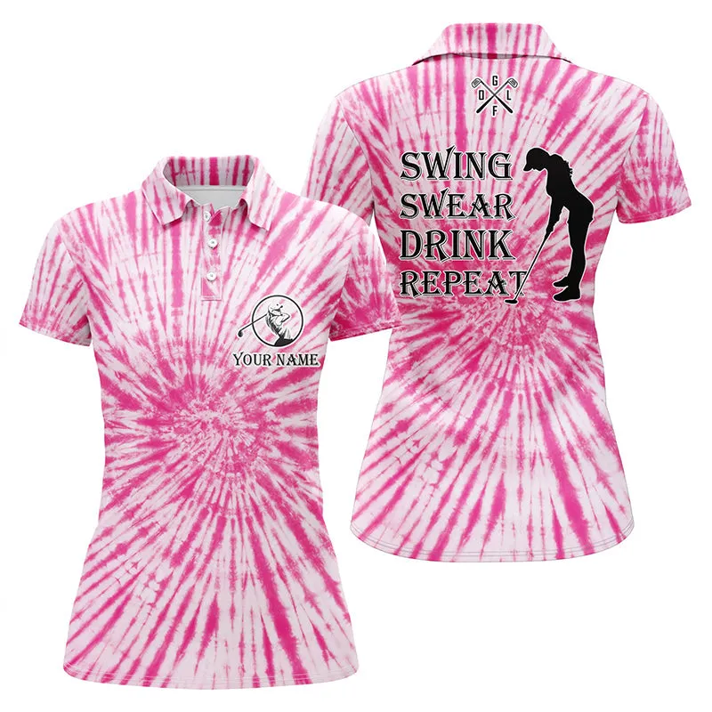 Funny Womens Golf Polos Shirts Custom Name Swing Swear Drink Repeat Black Pink Tie Dye Pattern Golf Shirts