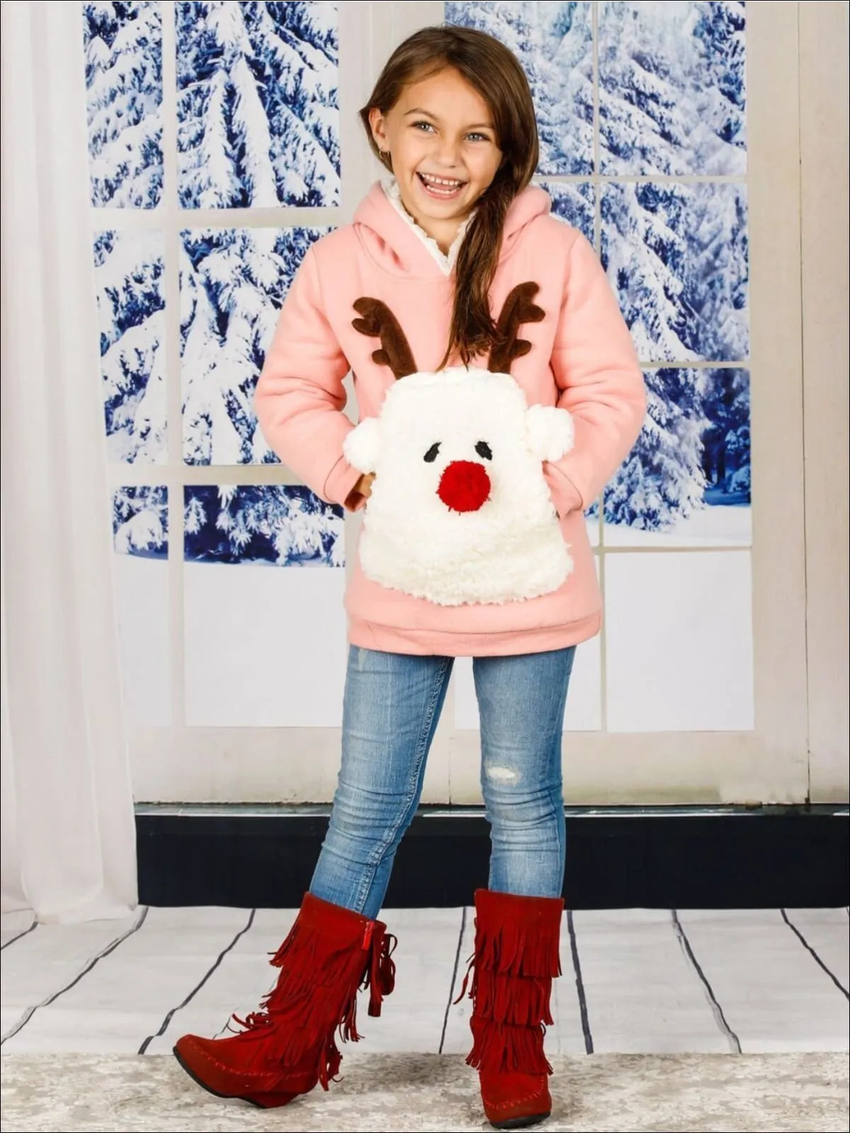 Girls Pink Warm And Cozy Fleece Lined Reindeer Hoodie