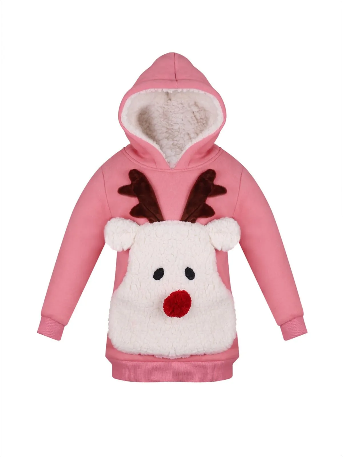 Girls Pink Warm And Cozy Fleece Lined Reindeer Hoodie