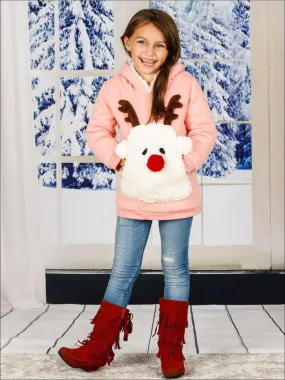 Girls Pink Warm And Cozy Fleece Lined Reindeer Hoodie