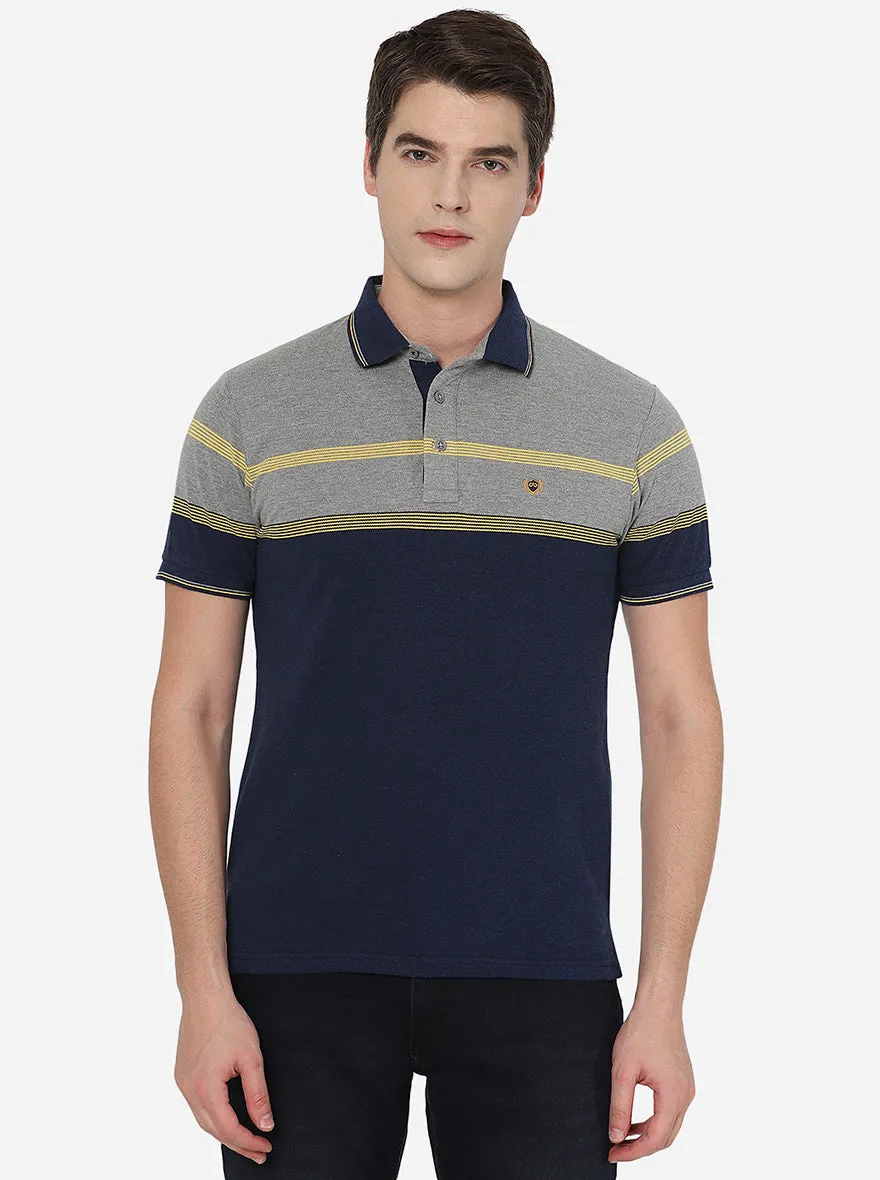 Grey & Navy Blue Striped Slim Fit Polo T-Shirt | JadeBlue