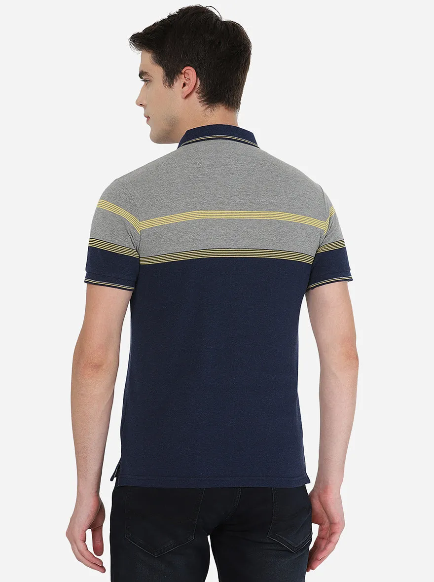 Grey & Navy Blue Striped Slim Fit Polo T-Shirt | JadeBlue