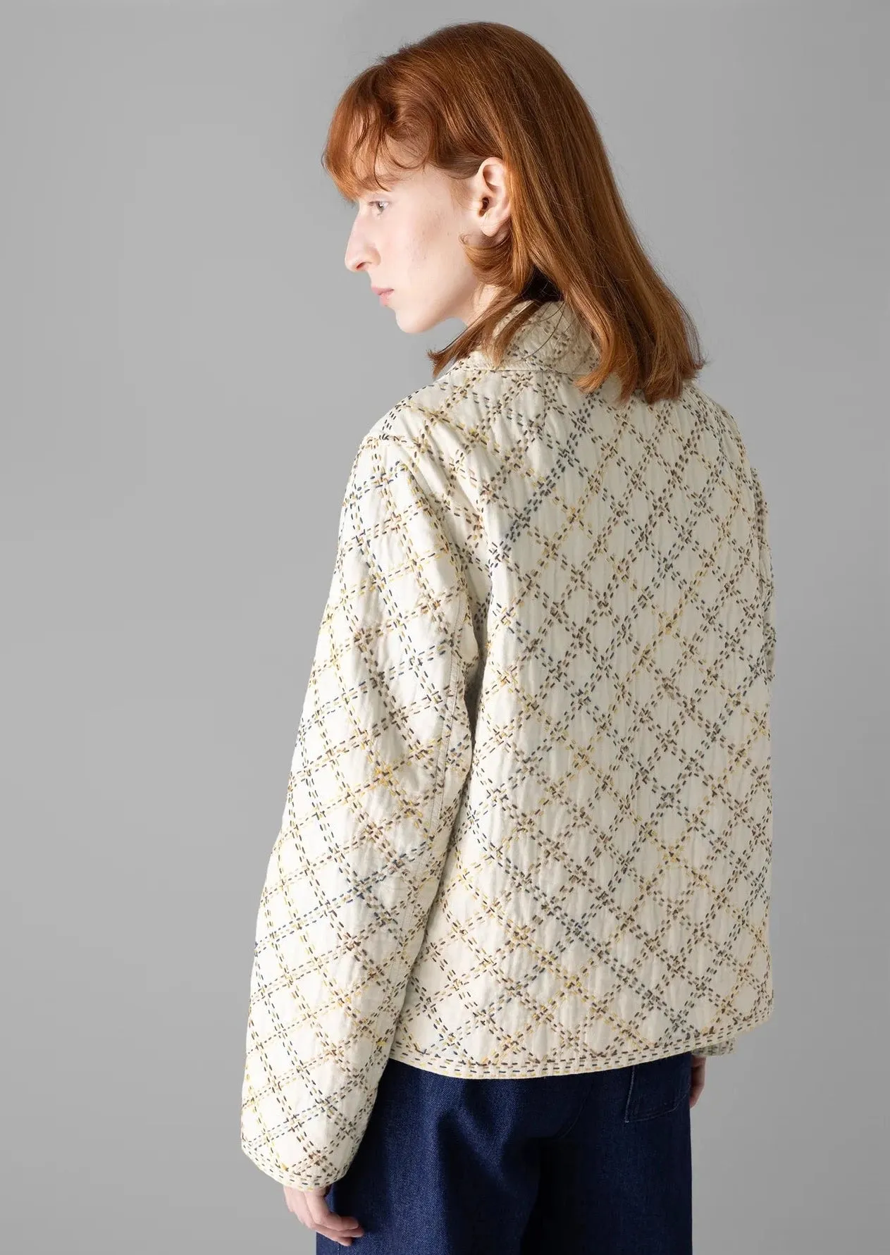 Hand Stitched Check Cotton Jacket, Ecru