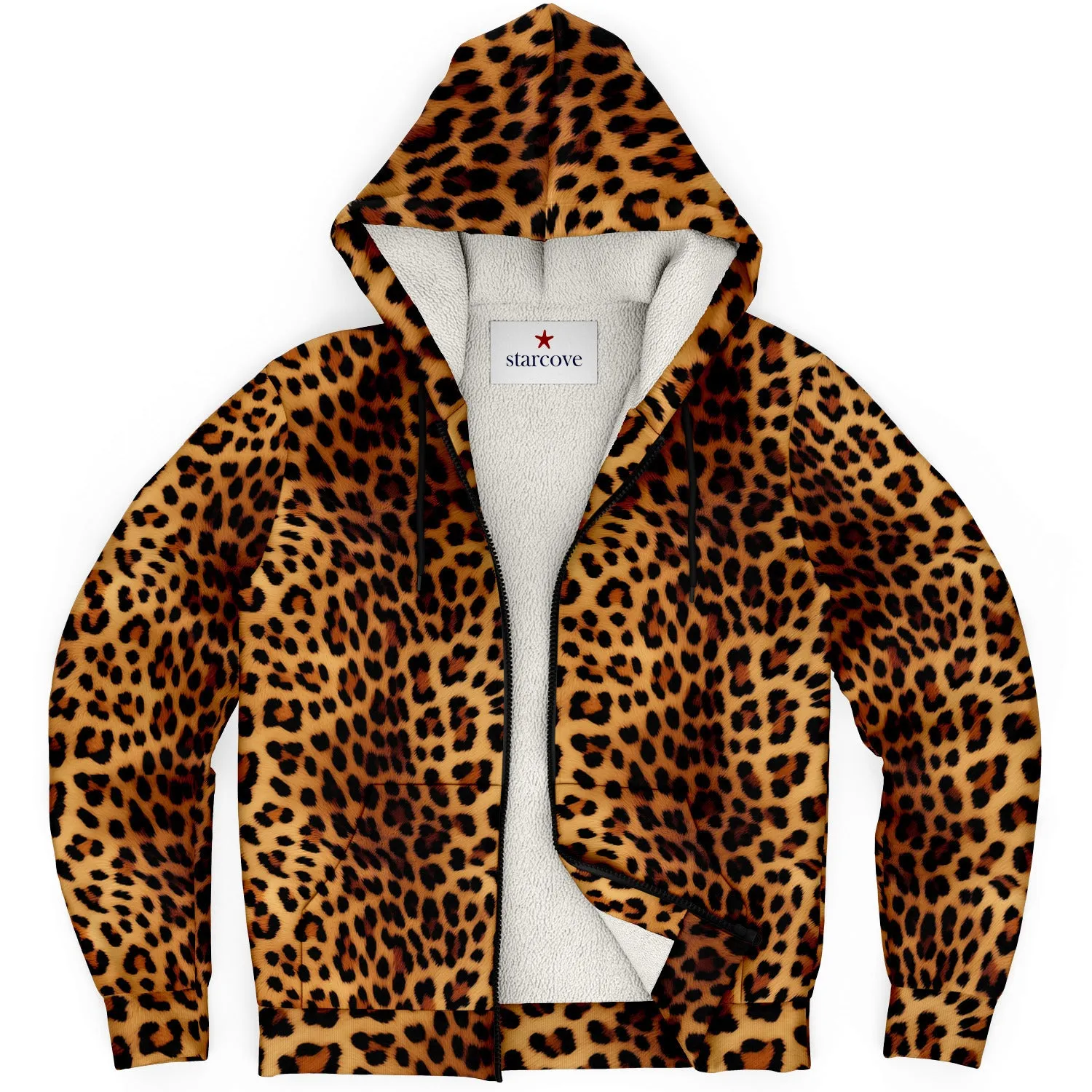 Leopard Zip Up Fleece Lined Hoodie, Animal Print Cheetah Full Zipper Pocket Men Women Unisex Adult Aesthetic Graphic Hooded Sweatshirt