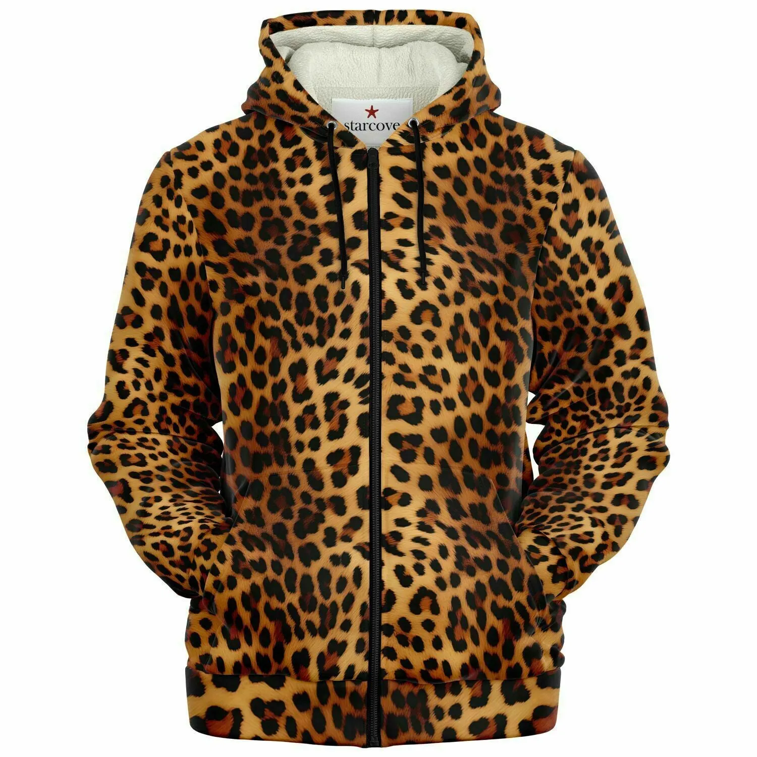 Leopard Zip Up Fleece Lined Hoodie, Animal Print Cheetah Full Zipper Pocket Men Women Unisex Adult Aesthetic Graphic Hooded Sweatshirt