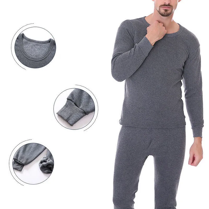 Mens Winter Cotton Fleece Lined Thermal Long Johns Warm Top Bottom Underwear Set