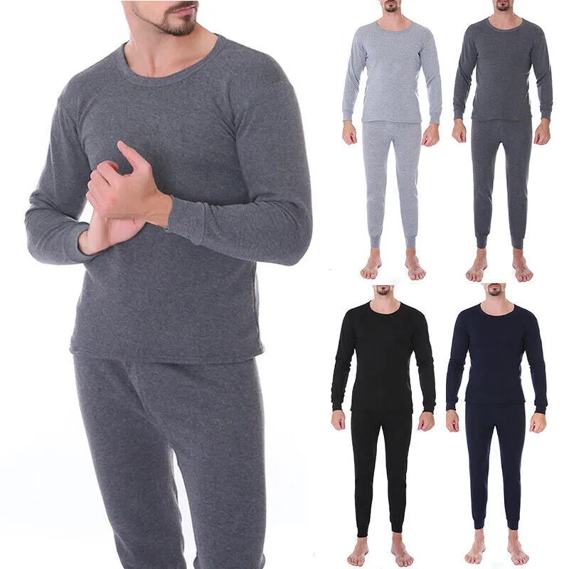 Mens Winter Cotton Fleece Lined Thermal Long Johns Warm Top Bottom Underwear Set