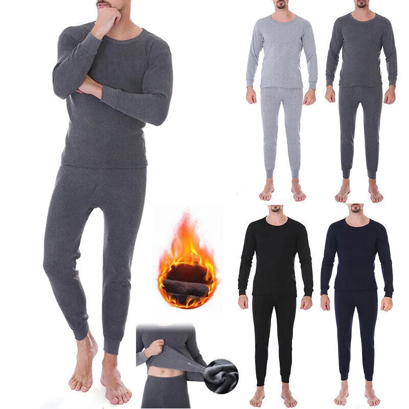 Mens Winter Cotton Fleece Lined Thermal Long Johns Warm Top Bottom Underwear Set