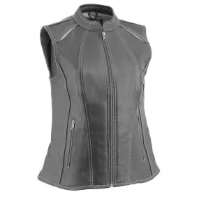 Milwaukee Leather MLL4507 Women's Black Leather Grey Accented Laser Cut Vented Scuba Style Motorcycle Rider Vest