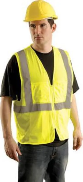 OccuNomix 2X - 3X Yellow OccuLux Lightweight Mesh Class 2 Economy Surveyor's Vest With Zipper Front Closure, 2" Silver Reflective Tape Striping And 12 Pockets