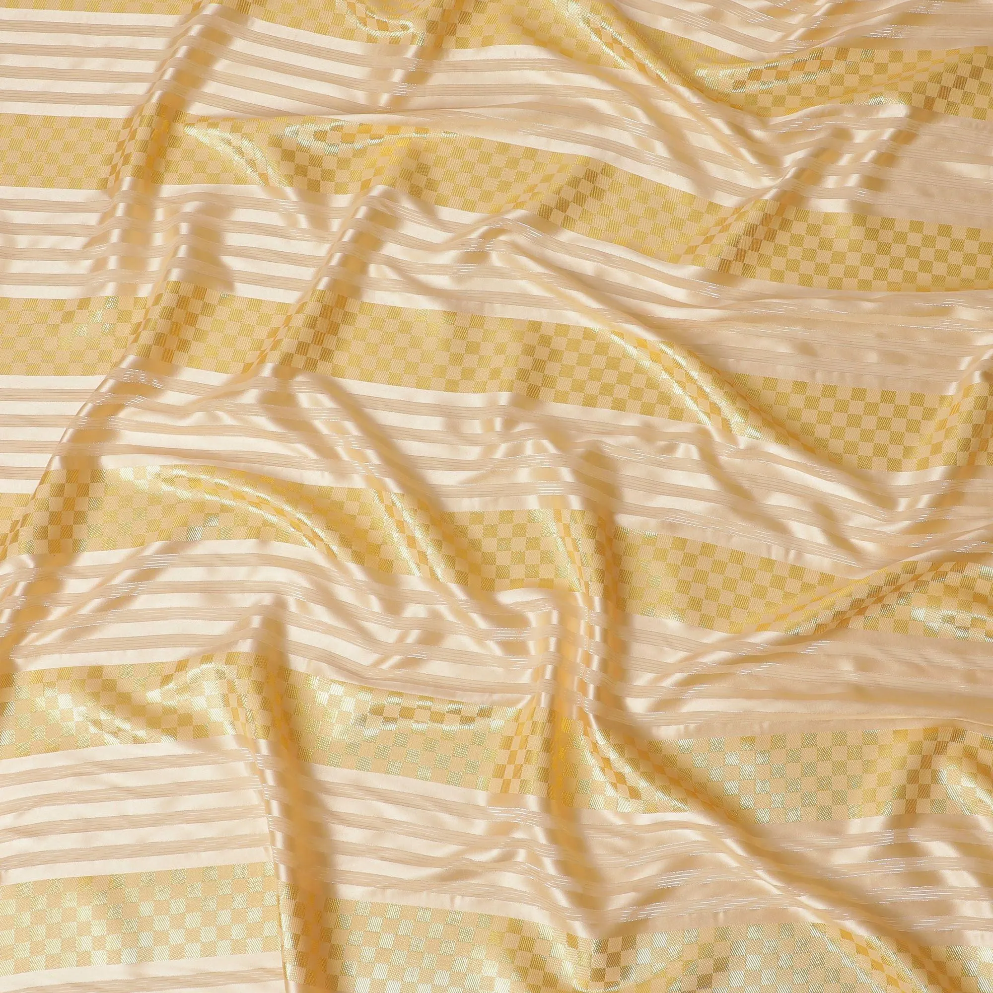 Peach synthetic crepe fabric with gold metallic lurex weave in stripe design-D15379