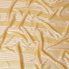 Peach synthetic crepe fabric with gold metallic lurex weave in stripe design-D15379