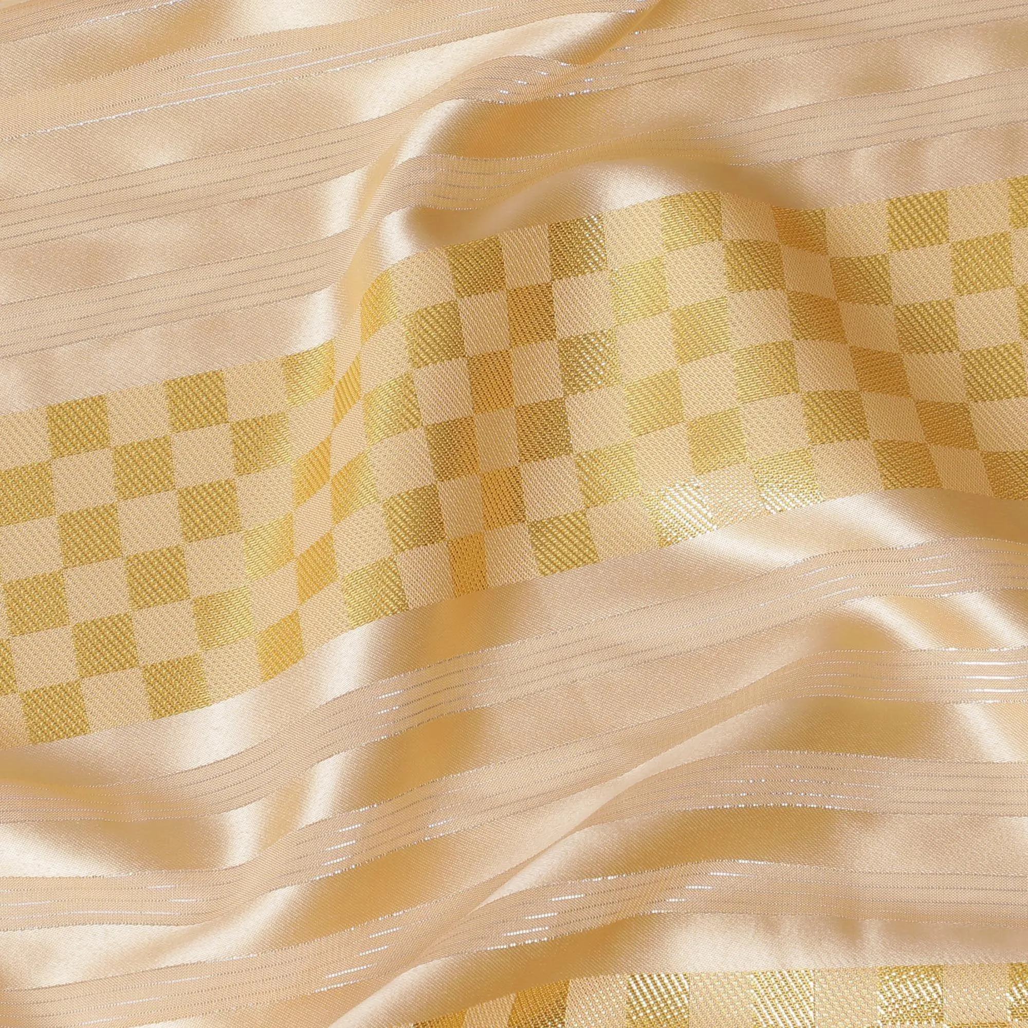 Peach synthetic crepe fabric with gold metallic lurex weave in stripe design-D15379