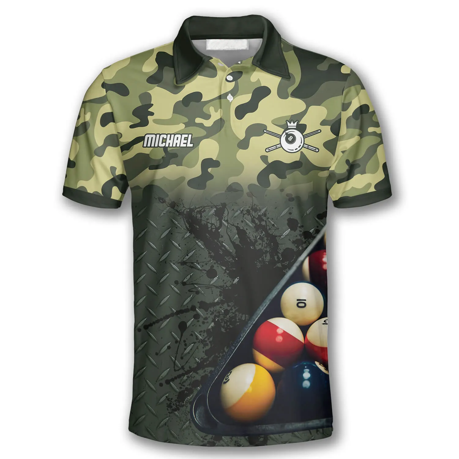 Personalized Green Camo Custom Billiard Shirts for Men, Billiard Polo Shirt, Gift for Team Billiard