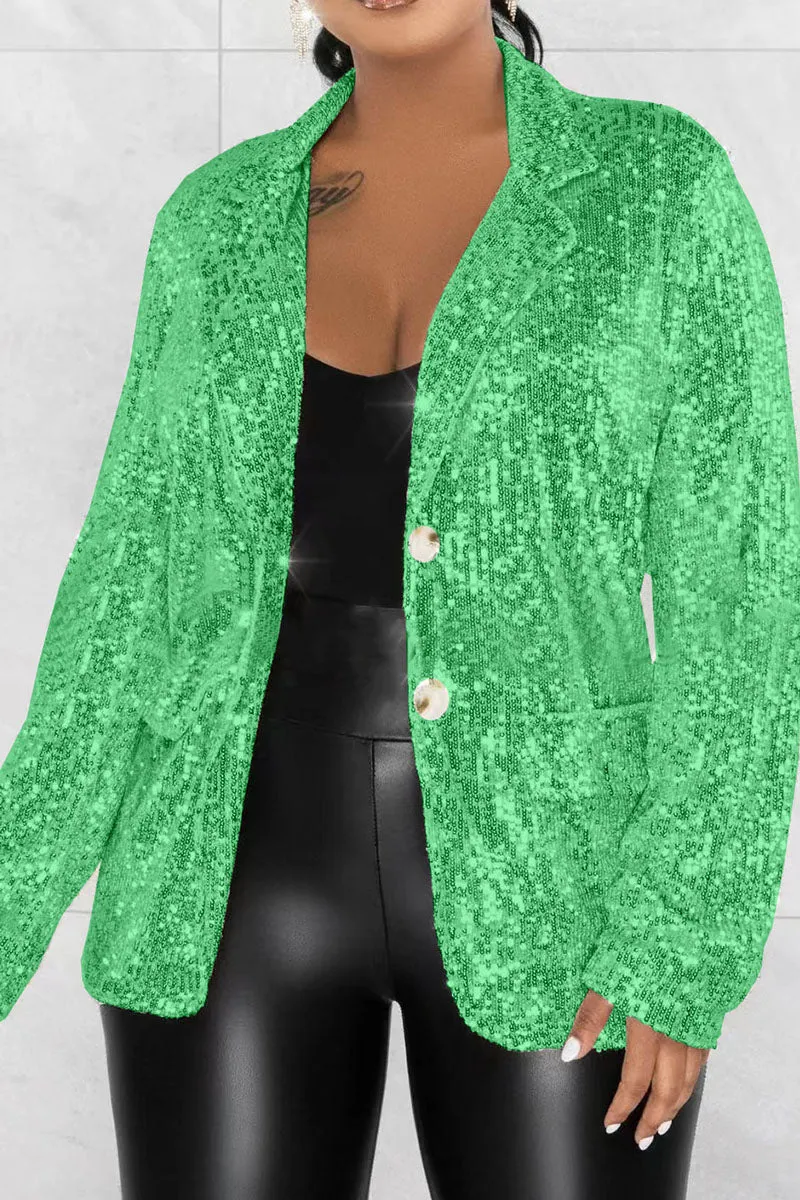 Purpdrank - Silver Celebrities Solid Sequins Patchwork Turn-back Collar Outerwear