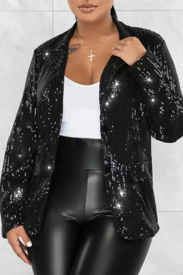 Purpdrank - Silver Celebrities Solid Sequins Patchwork Turn-back Collar Outerwear