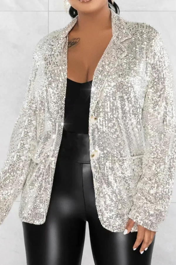 Purpdrank - Silver Celebrities Solid Sequins Patchwork Turn-back Collar Outerwear