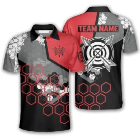 Red Black Honeycomb Pattern Custom Archery Shirts for Men, Archery Polo Shirt