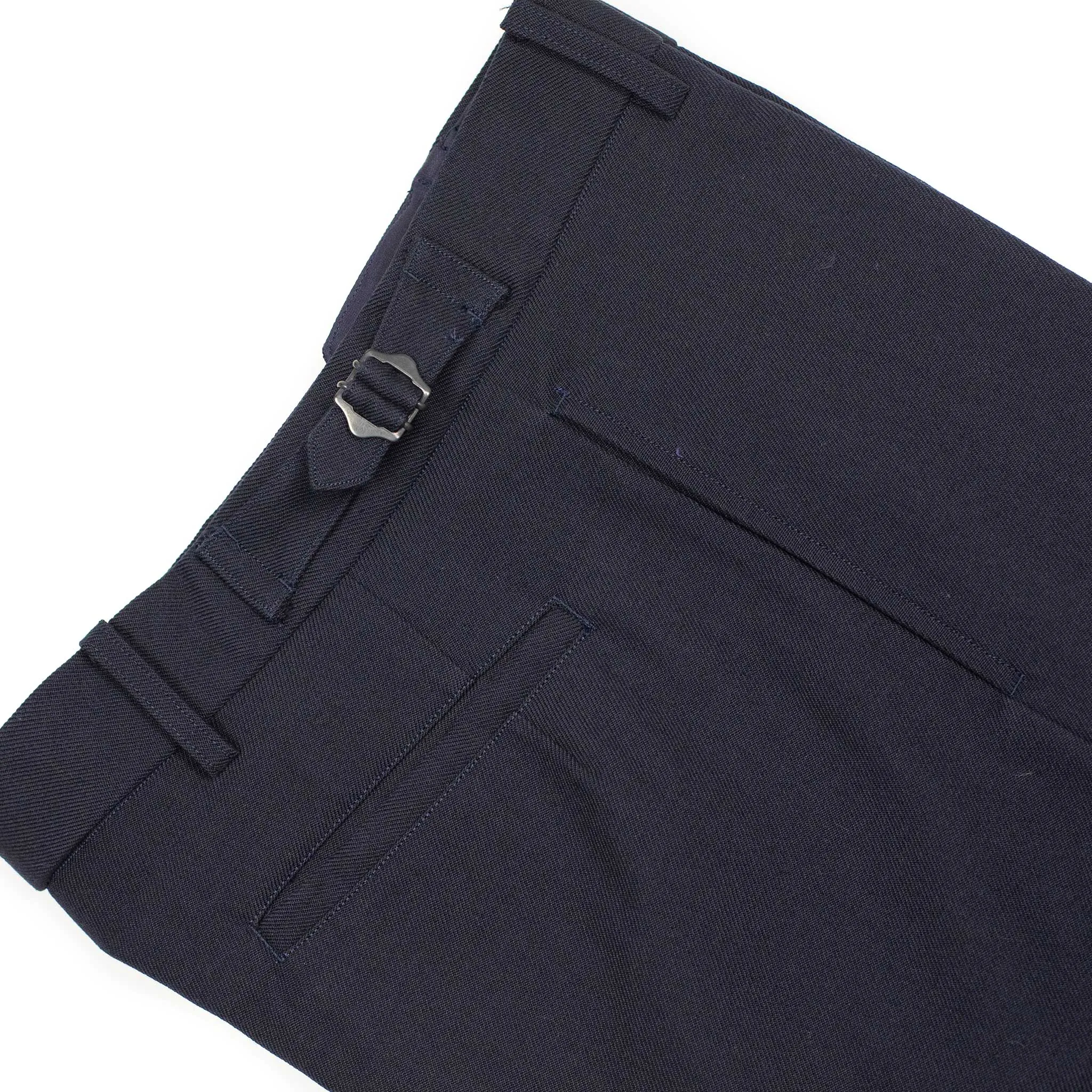 Side-tab trousers in navy wool and cotton gabardine