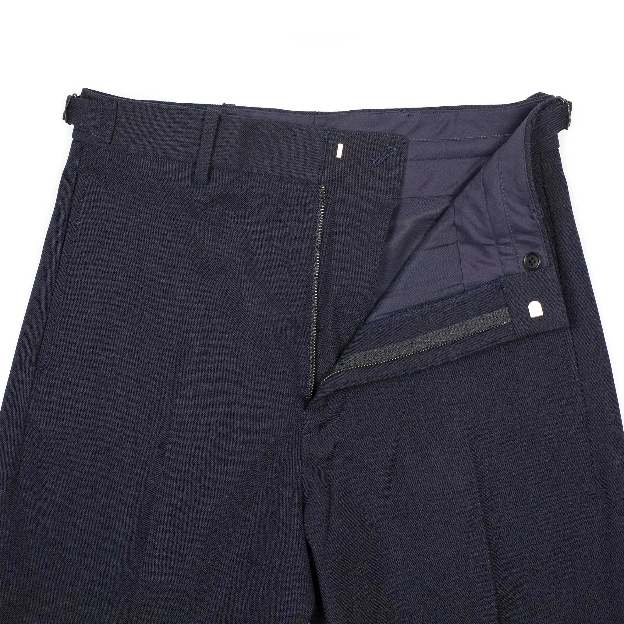 Side-tab trousers in navy wool and cotton gabardine