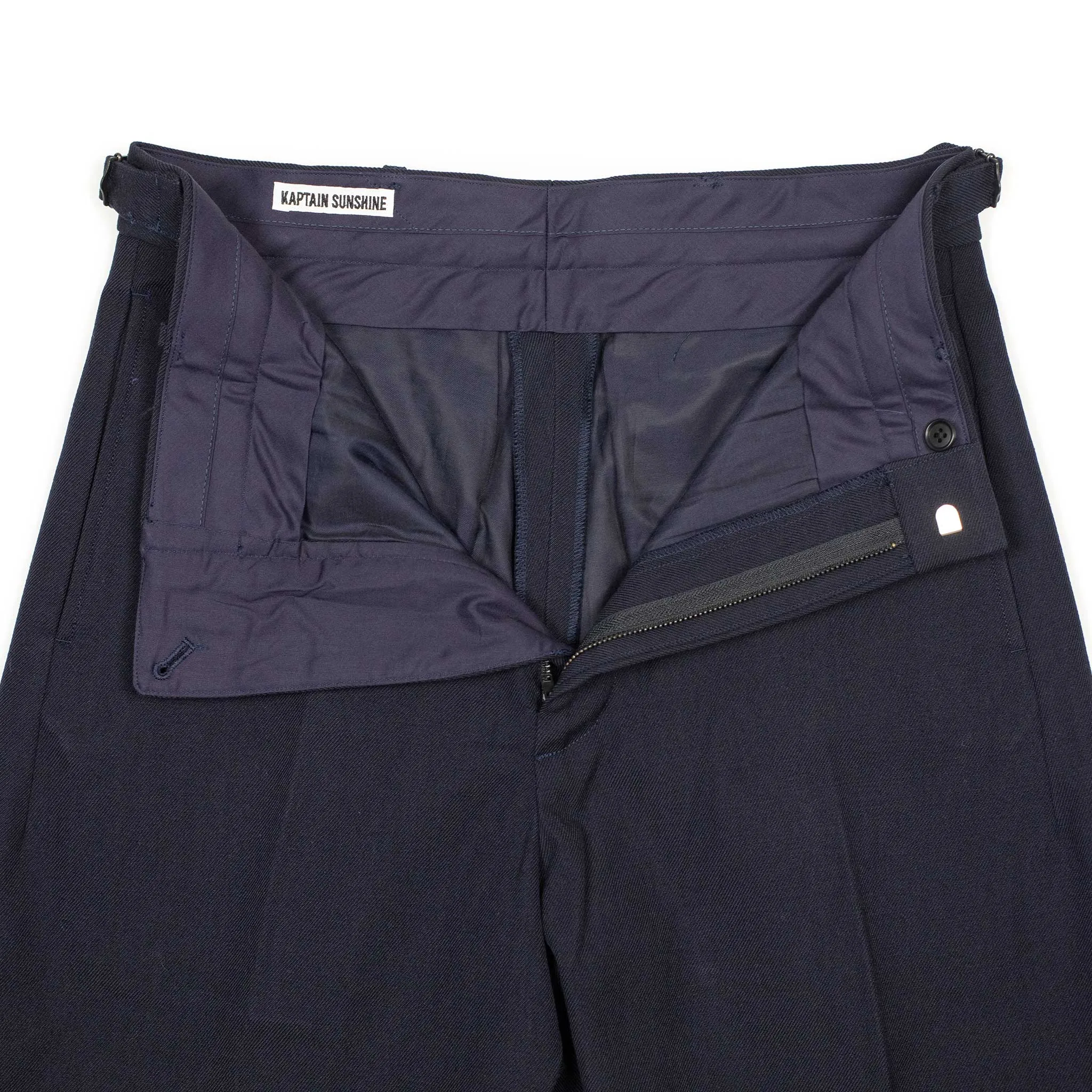 Side-tab trousers in navy wool and cotton gabardine