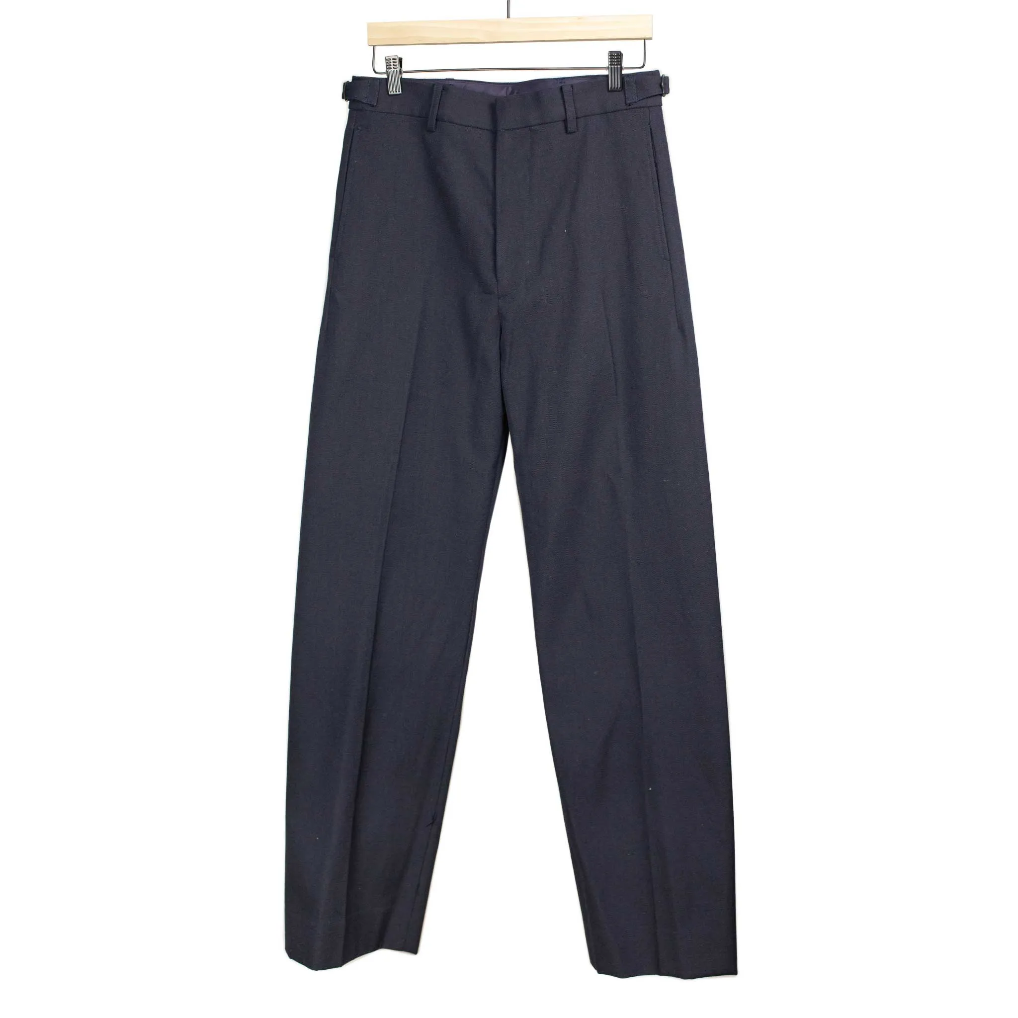 Side-tab trousers in navy wool and cotton gabardine