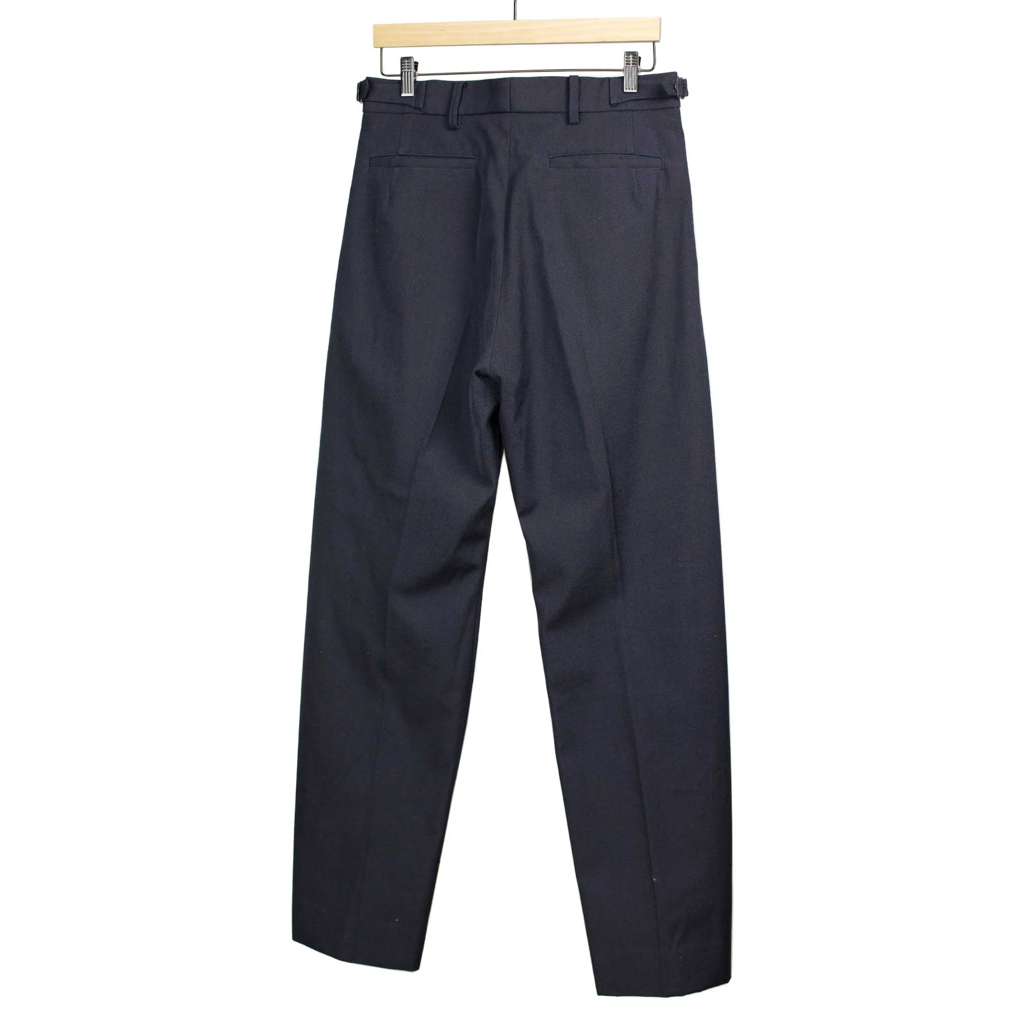 Side-tab trousers in navy wool and cotton gabardine