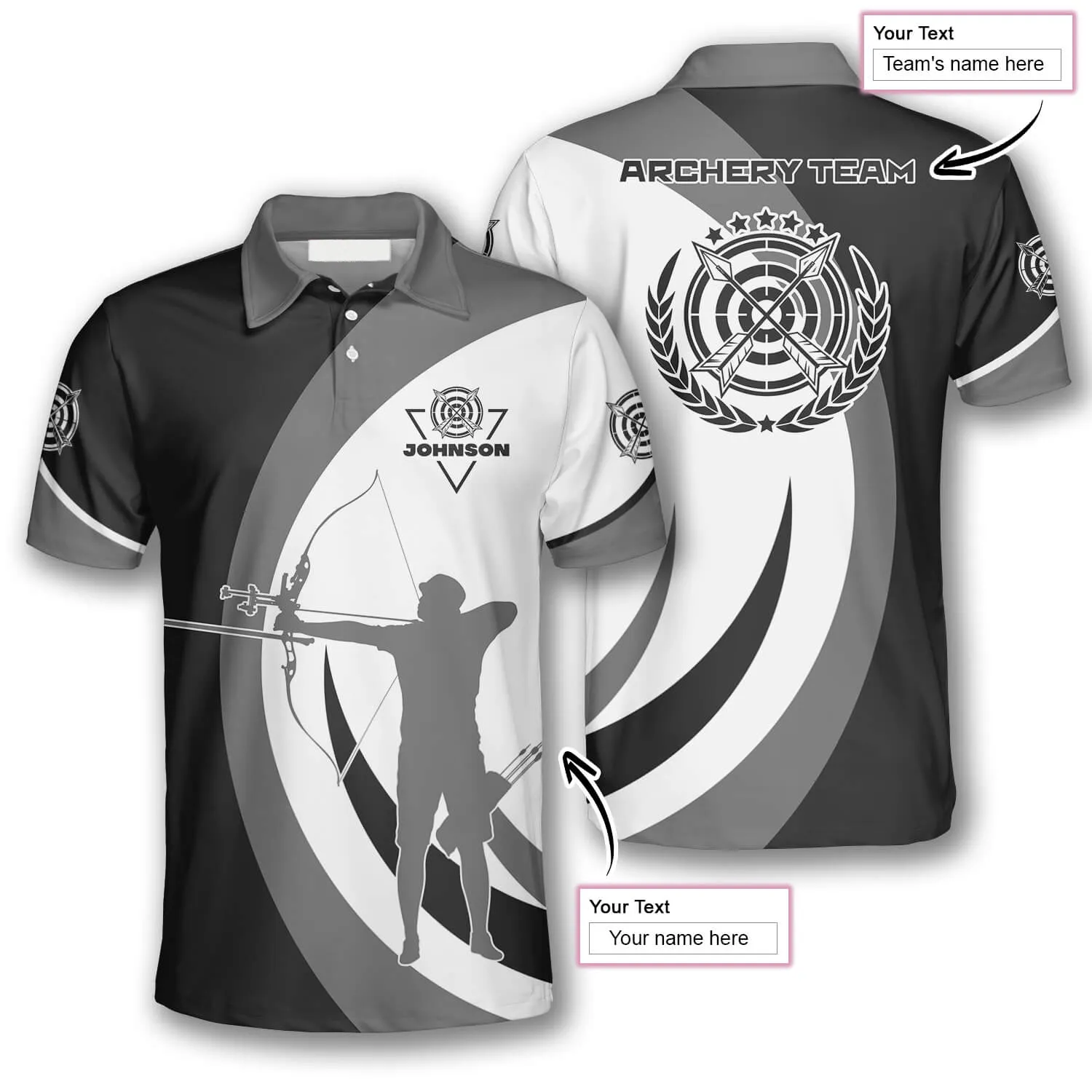 Silhouette Grey Black Custom Archery Shirts for Men, Idea Shirt For Archery, Archery Polo Shirt